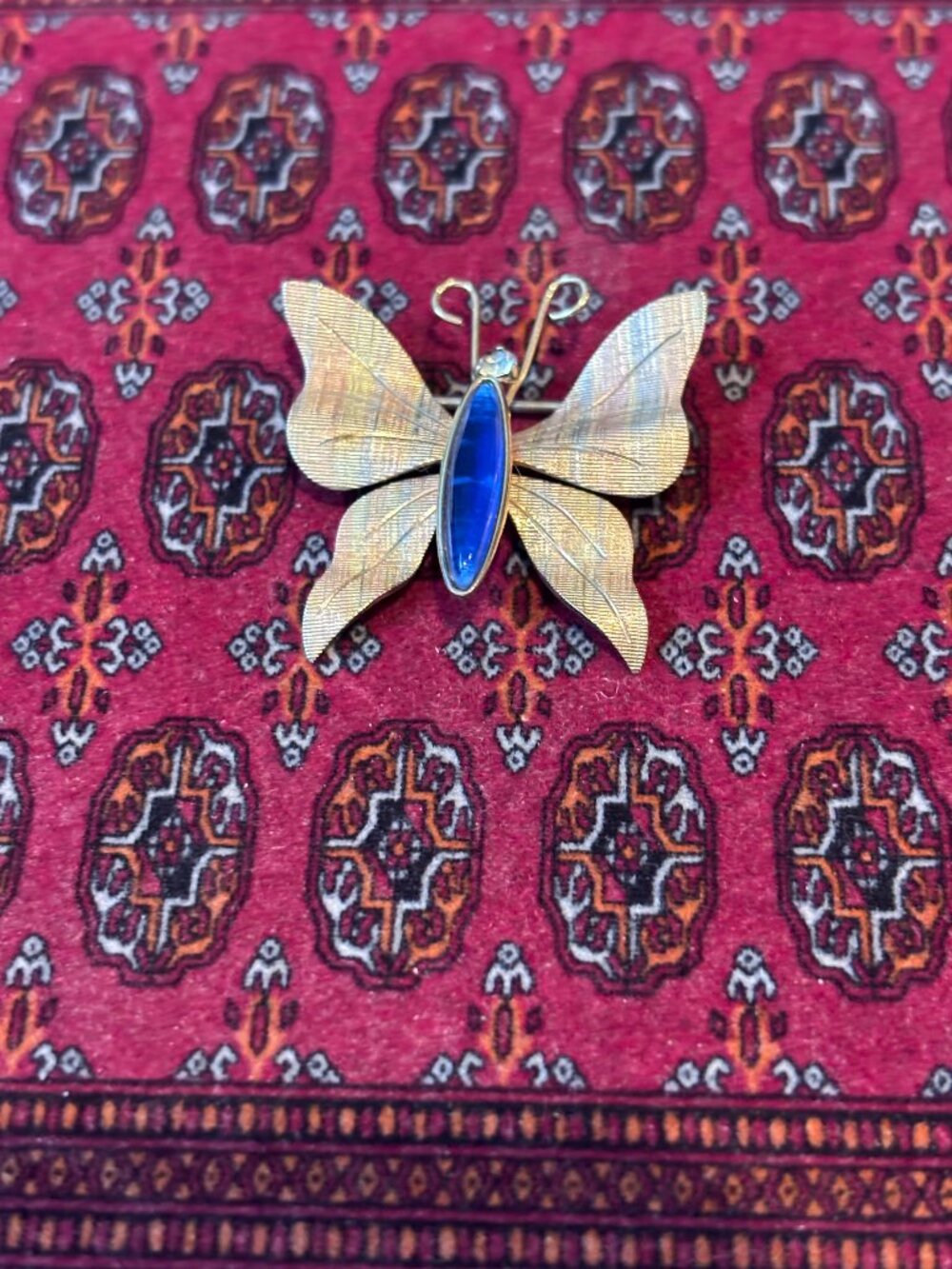Vintage Krementz 14K Gold Overlay Butterfly Brooch Blue Lucite Pin